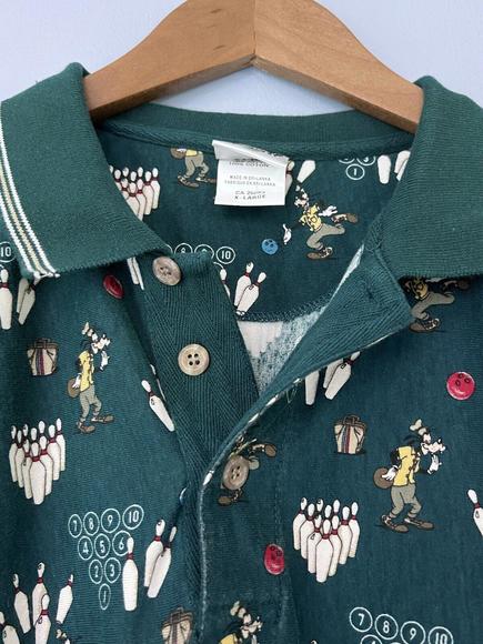 VTG Goofy Bowling Polo Shirt AOP The Disney Catalog Green Bowler Pins Mens XL - Picture 4 of 9